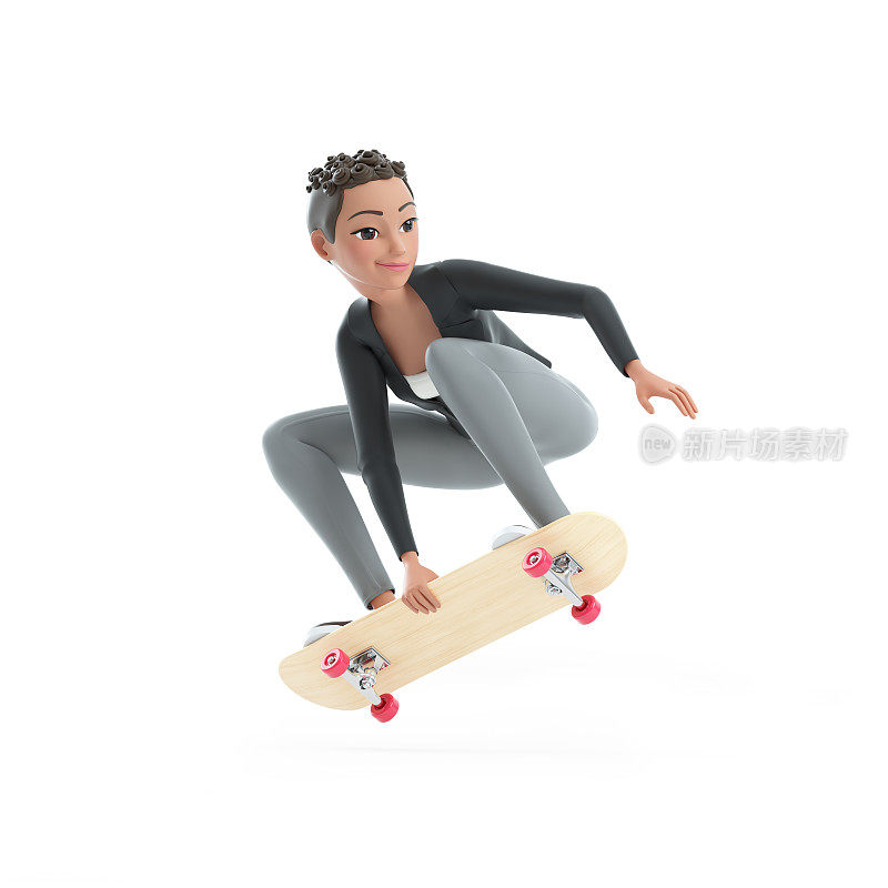 3d character woman jumping on skateboard